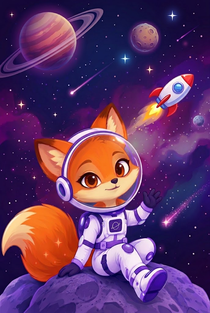 Intellecta, a raposinha astronauta mascote do Orbis Intellecta, sentada em um asteroide observando planetas e um foguete no espaço